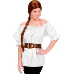 White off shoulder blouse front view with puffy sleeves