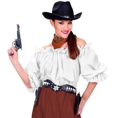 White off shoulder blouse front view with puffy sleeves