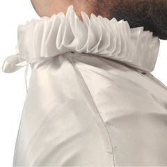 White pleated satin costume collar with ribbon tie, ideal for historical or gothic looks, side view