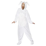 White rabbit adult costume with attached hood and floppy ears, seperate nose on elastic.