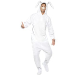 Adult wearing a white rabbit costume with hood, floppy ears and plush tail for Easter, Book Week and animal-themed events.