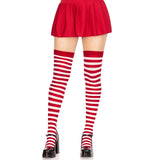Leg Avenue Red and White Striped Thigh Highs – second front view highlighting bold stripes and stretch-fit design.