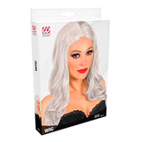 Box for long white wig with soft curl styling