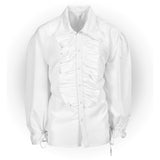 Front of white ruffle shirt for men showing shape of ruffle