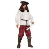 Person wearing a pirate costume with a white shirt, red striped pants, and a sword on a white background