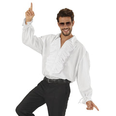 Men’s white ruffle shirt with long sleeves and wrist ties, retro 70s & 80s fashion, pirate and renaissance costume style
