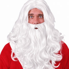 White Santa Claus wig and beard set with long wavy hair and moustache