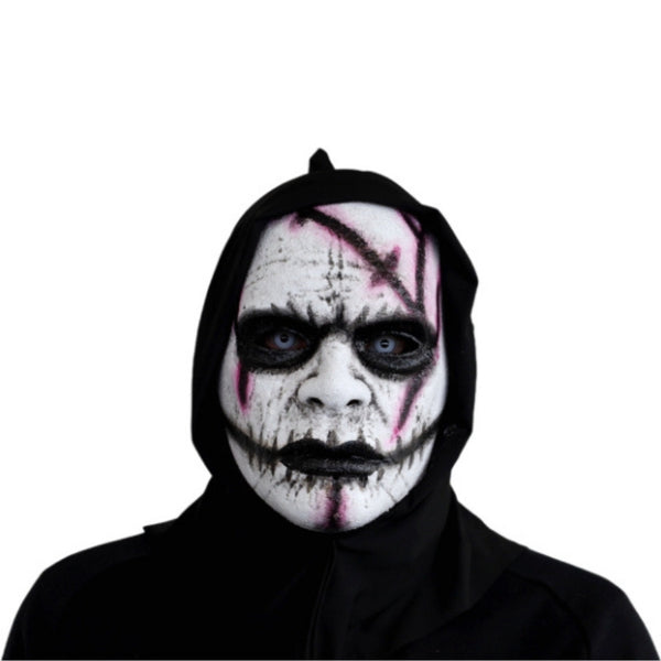 White scarred Halloween hooded mask with red scars and black eye detail