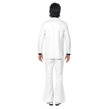 Back view of the 1970s White Suit for men, showcasing the jacket with mock shirt and waistcoat, along with the white flared trousers, highlighting the vintage design and flared silhouette.
