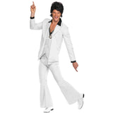 Front view of the 1970s White Suit for men, featuring a mock shirt and waistcoat integrated into the white jacket, paired with white flared trousers, capturing the classic disco-era style.