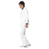 Side view of the 1970s White Suit for men, featuring white flared trousers, a jacket with a mock shirt and waistcoat, capturing the retro style with bold, wide-legged pants and classic jacket design.