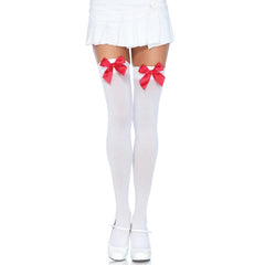 White thigh high stockings with red bow adult hosiery
