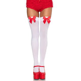 White thigh high stockings with red bow worn as costume hosiery