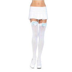 White opaque thigh highs with blue bows – Leg Avenue