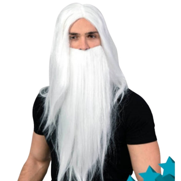 White long wig and beard set for wizard or sorcerer costumes – adult size