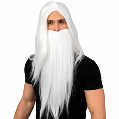 White Wizard Wig and Beard Set with long white hair and matching costume beard