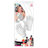 White gloves packaging with a model wearing them and additional images of people in costumes.