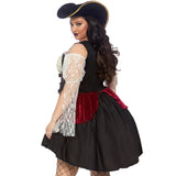 back of wicked wench pirate costume, hemline is longer at the back and lace sleeves