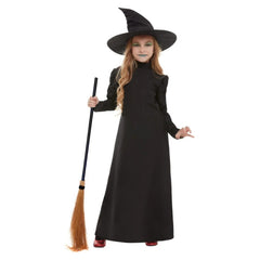 Wicked Witch Girls Costume, long black dress with lamp chop sleeves, plus hat.