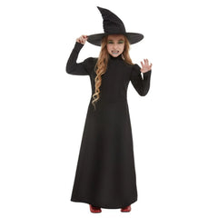 Wicked Witch Girls Costume, long black dress with lamp chop sleeves, plus hat.