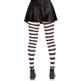 Leg Avenue Wide Stripe Opaque Tights – Black & White, back view showing bold black and white stripes and full-length snug fit for a striking costume or fashion look.