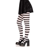 Leg Avenue Wide Stripe Opaque Tights – Black & White, side view highlighting the bold vertical stripes and smooth, form-fitting silhouette.