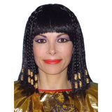 Cleopatra wig in black with braids with gold ties and straight fringe.
