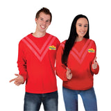 Red Wiggles adult costume top with long sleeves, V-stripes and official logo – unisex skivvy
