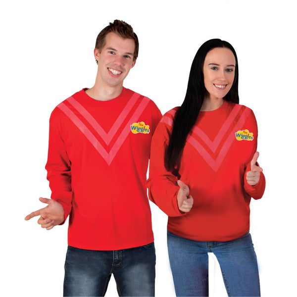 Red Wiggles adult costume top with long sleeves, V-stripes and official logo – unisex skivvy
