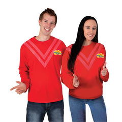 Red Wiggles adult costume top with long sleeves, V-stripes and official logo – unisex skivvy
