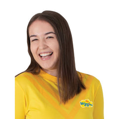 Wiggles adult costume top in yellow with logo and iconic tow V stripes on chest.