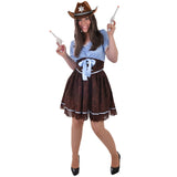 Wild West Cowgirl Womens Costume, dress with blue check bodice, brown skirt with fring hemline and corset style belt with blue ribbon.