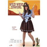Wild West Cowgirl Womens Costume, dress with blue check bodice, brown skirt with fring hemline and corset style belt with blue ribbon.