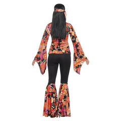 Willow the Hippie Costume with pink-orange top, flared pants, headscarf and medallion