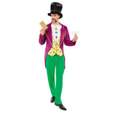 Charlie & The Chocolate Factory Willy Wonka Men's Costume, plum coloured jacket with attached colourful vest, green trousers and hat.