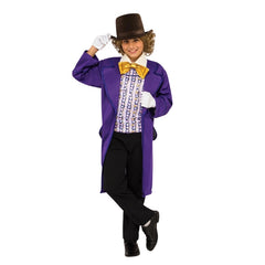Deluxe kids Willy Wonka costume with purple jacket, bow tie, candy waistcoat, and top hat for Book Week