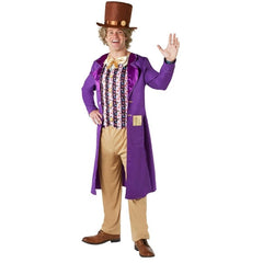 Adult Willy Wonka costume with purple jacket, yellow bow tie, and brown top hat