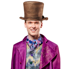 Willy Wonka Premium Costume - Adult, purple long jacket with digitally printed sleeves and lapels, multi coloured vest with buttons and scarf. Top hat in brown velour, striped brown pants.
