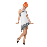 wilma flintstone deluxe womens costume, white dress with single strap and zebra zigzag trim.