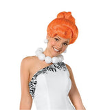 wilma flintstone deluxe womens costume with orange bun style wig and oversized white necklace.