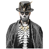 Witch Doctor distressed black top hat with skull, bones, and feather embellishments for Halloween costumes