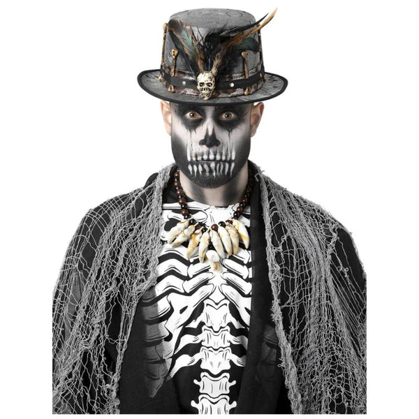 Witch Doctor distressed black top hat with skull, bones, and feather embellishments for Halloween costumes