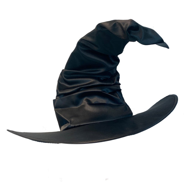 Black satin witch hat with ruching and wide brim – Halloween costume accessory
