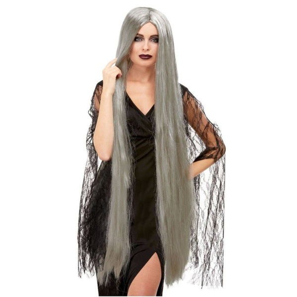 Extra long 120cm grey witch wig – Halloween and medieval costume wig