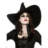 Adult black witches hat with tulle trim and pointed crown by Rubies