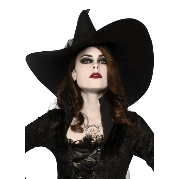 Adult black witches hat with tulle trim and pointed crown by Rubies