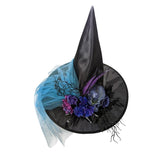 Witches Hat with Floral Arrangement, skull and blue veil