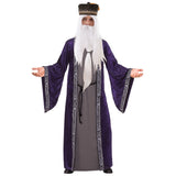 wizard coat with robe attached for adults, grey tunic with velvet robe attached and decorative trim plus cord.