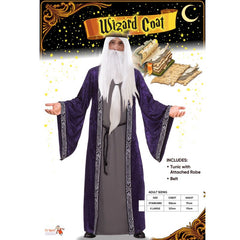 wizard coat with robe attached for adults, grey tunic with velvet robe attached and decorative trim plus cord.