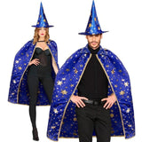 Couple wearing wizard costume set blue cape and hat with gold stars